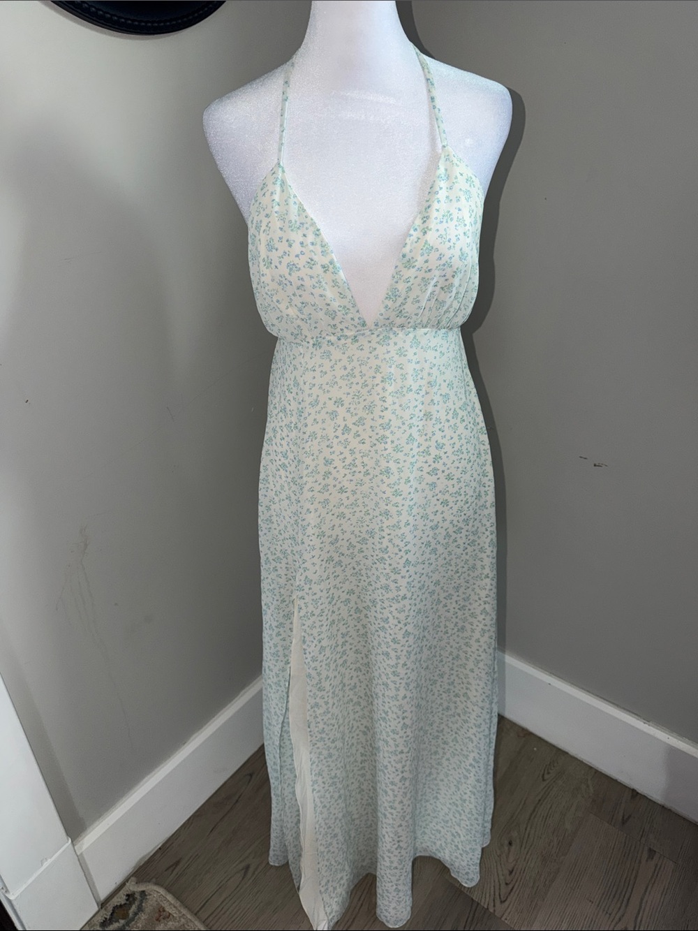 Light Blue Floral Halter Maxi Dress